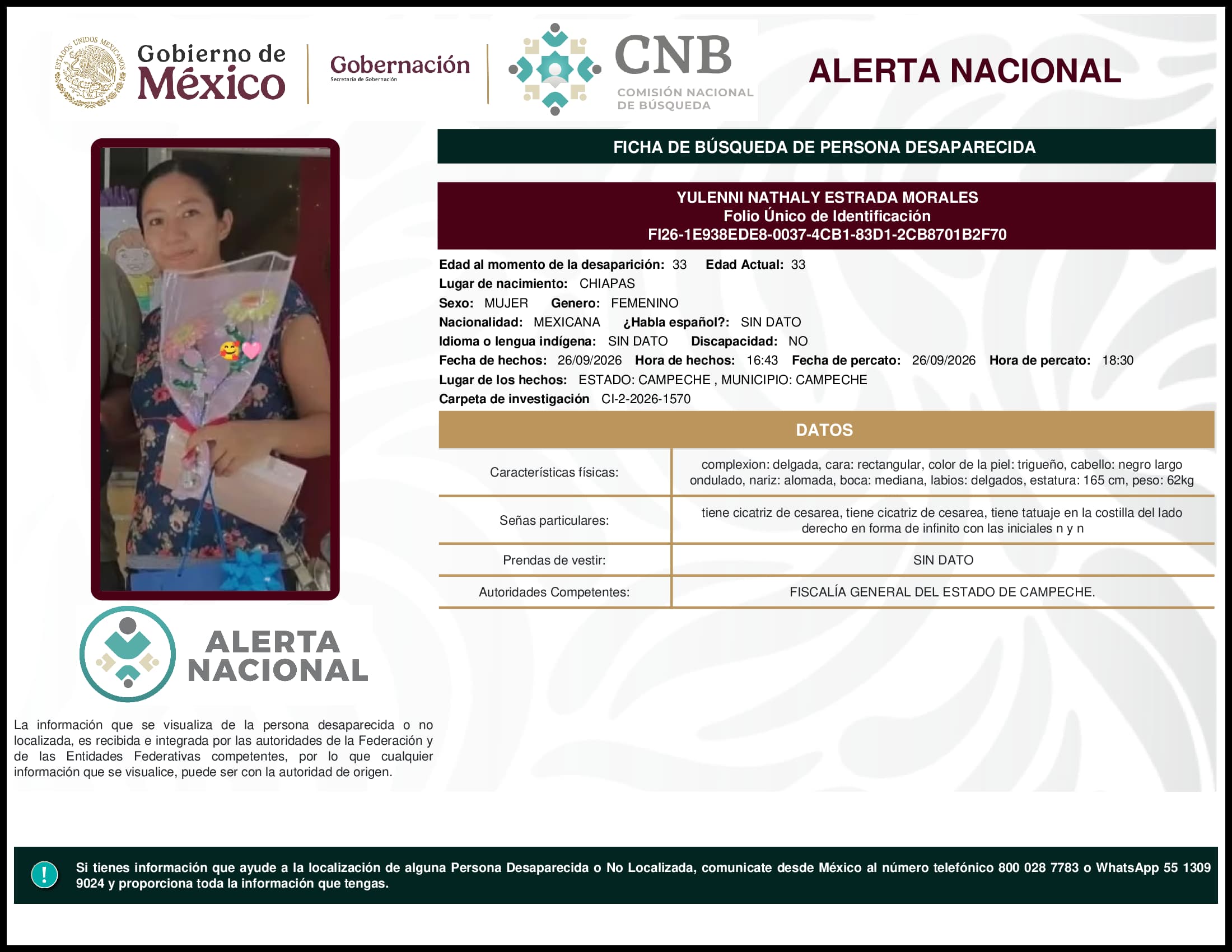 Persona desaparecida Yulenni Nathaly Estrada Morales