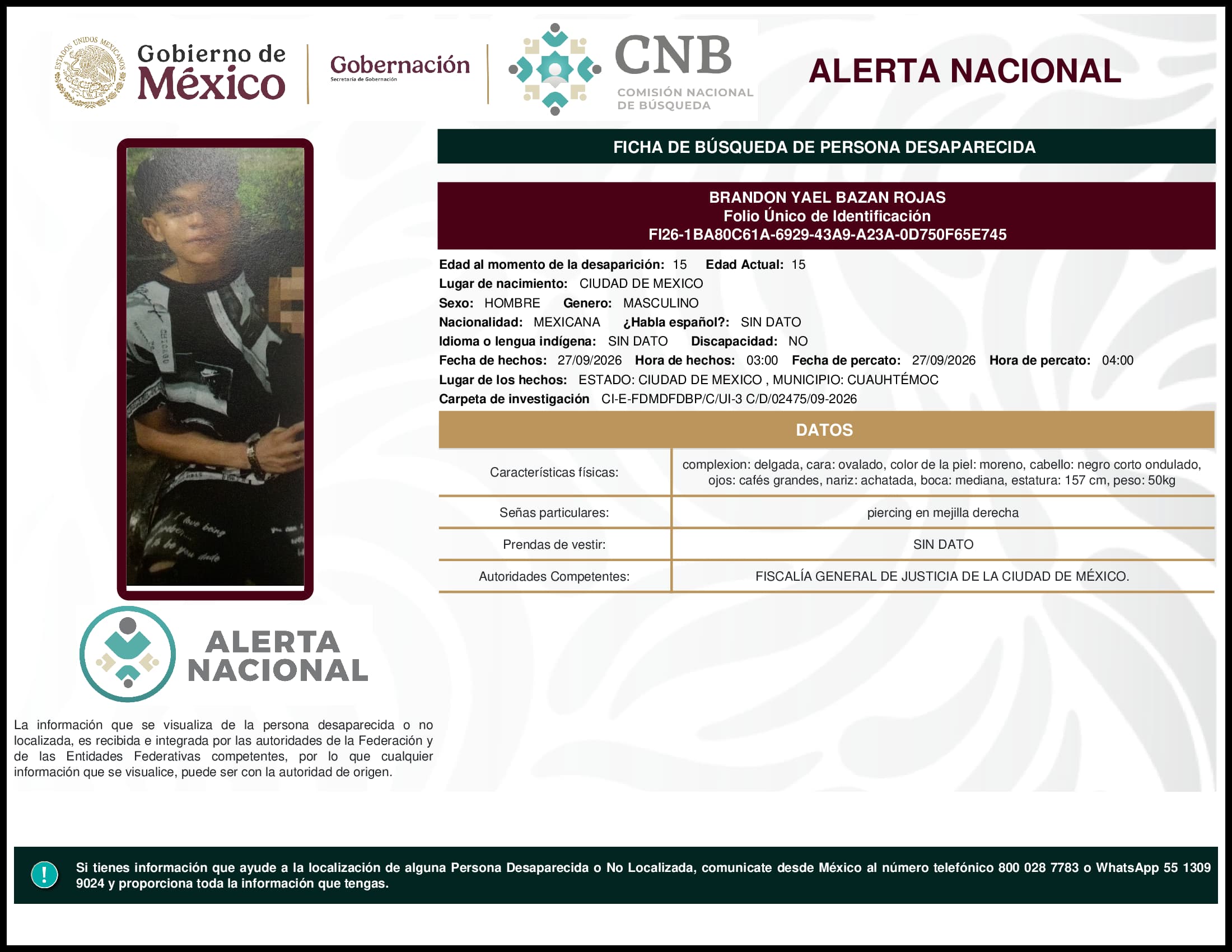 Persona desaparecida Brandon Yael Bazan Rojas
