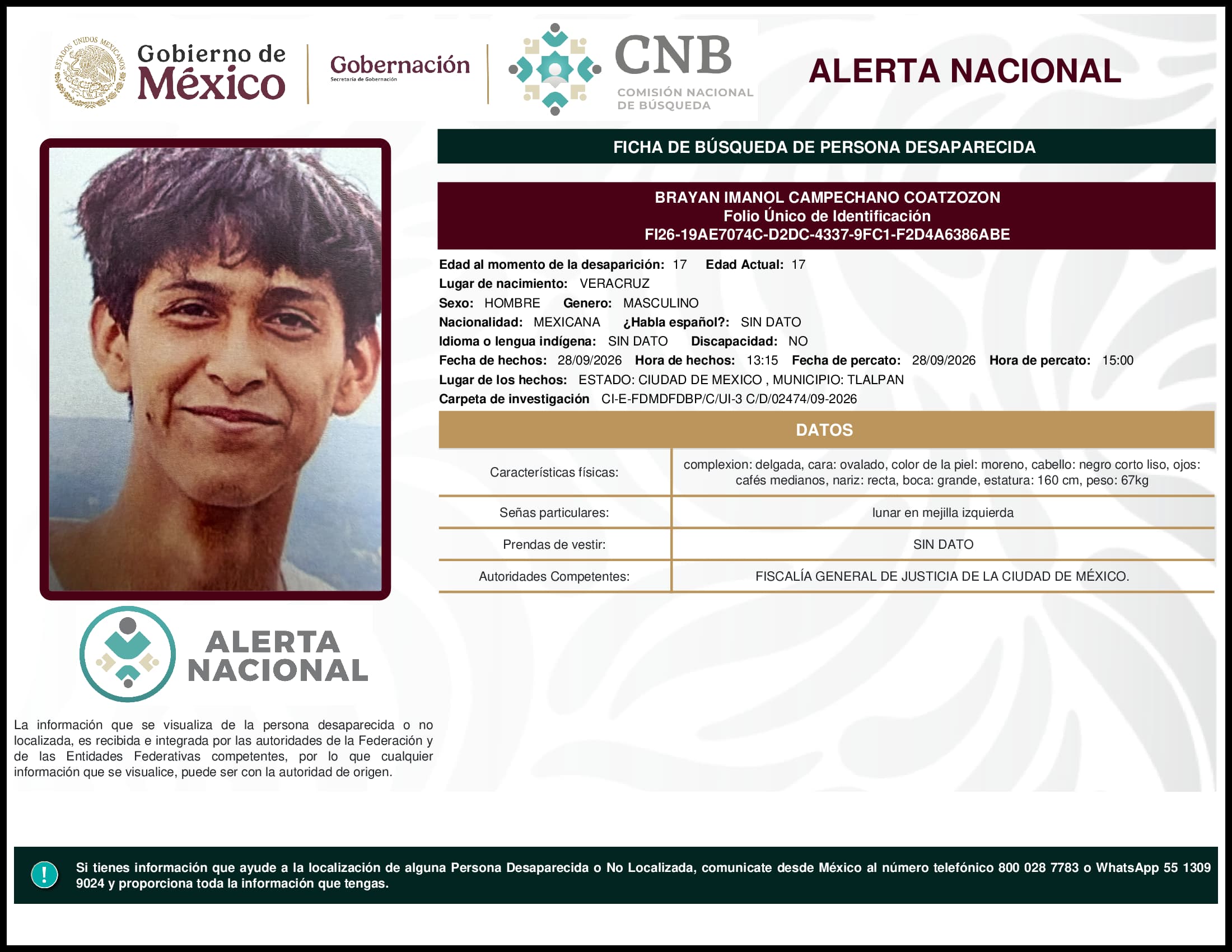 Persona desaparecida Brayan Imanol Campechano Coatzozon