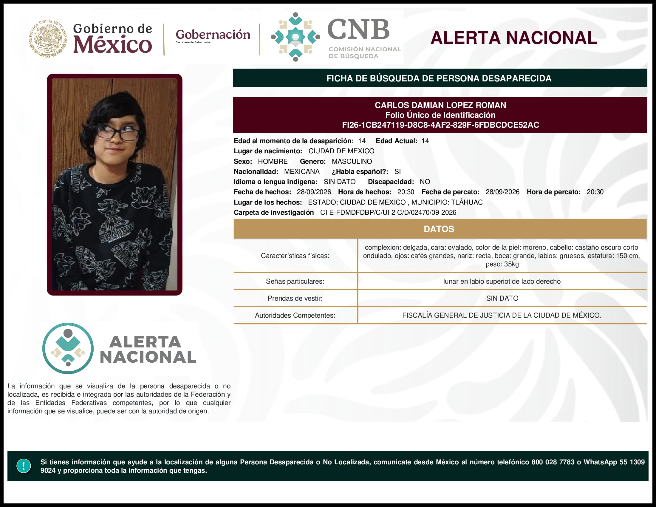 Persona desaparecida Carlos Damian Lopez Roman