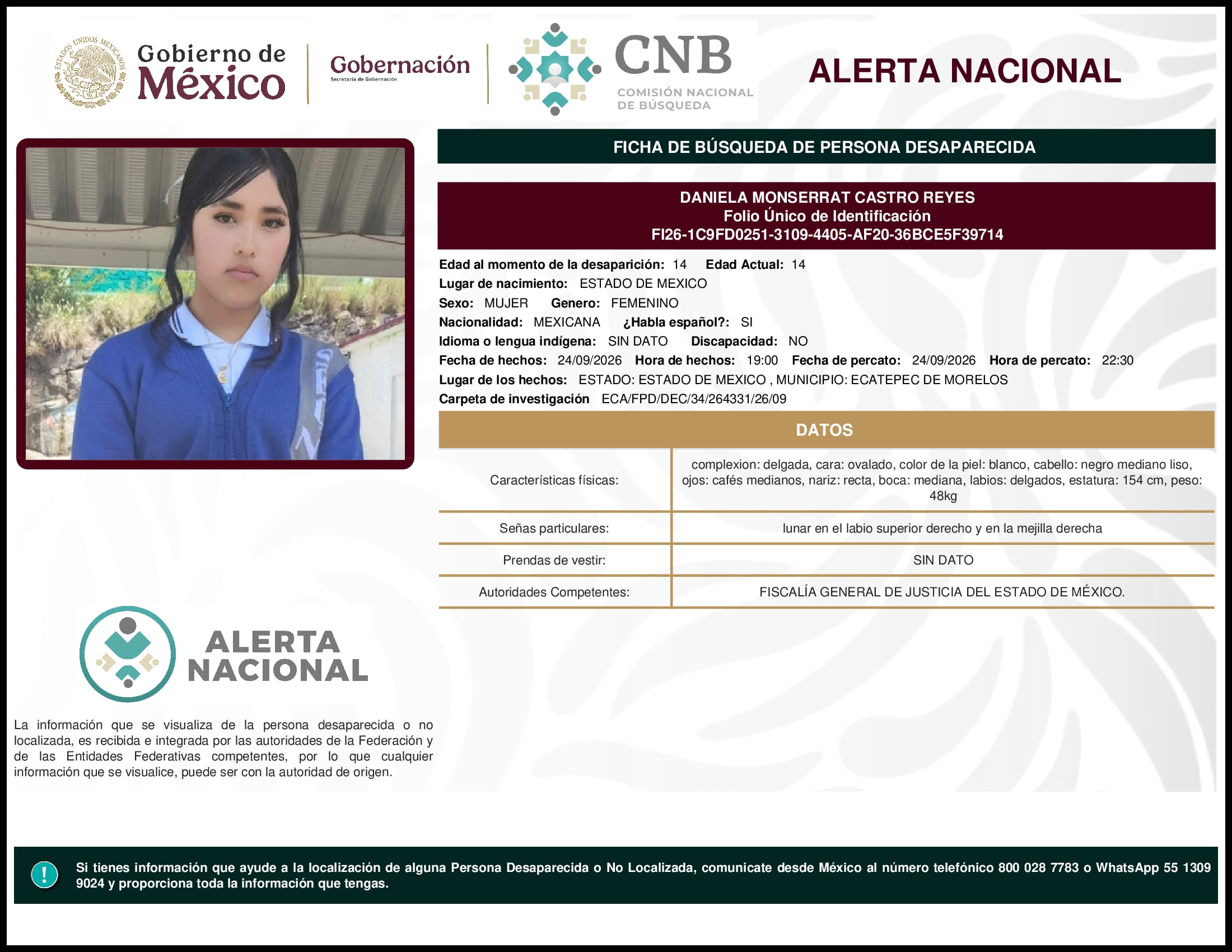 Persona desaparecida Daniela Monserrat Castro Reyes