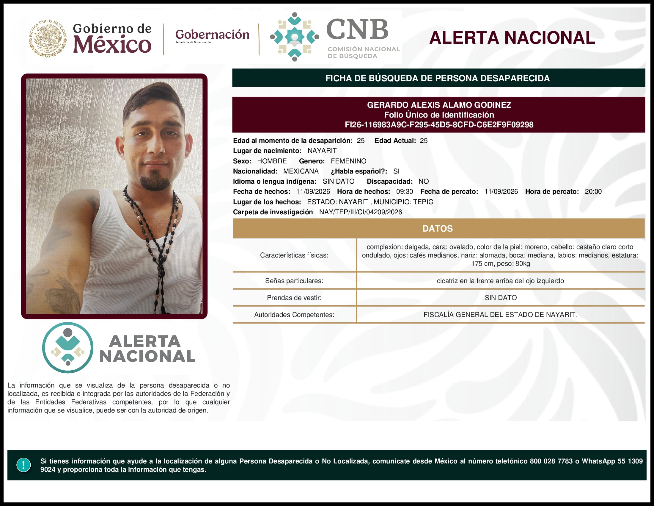 Persona desaparecida Gerardo Alexis Alamo Godinez