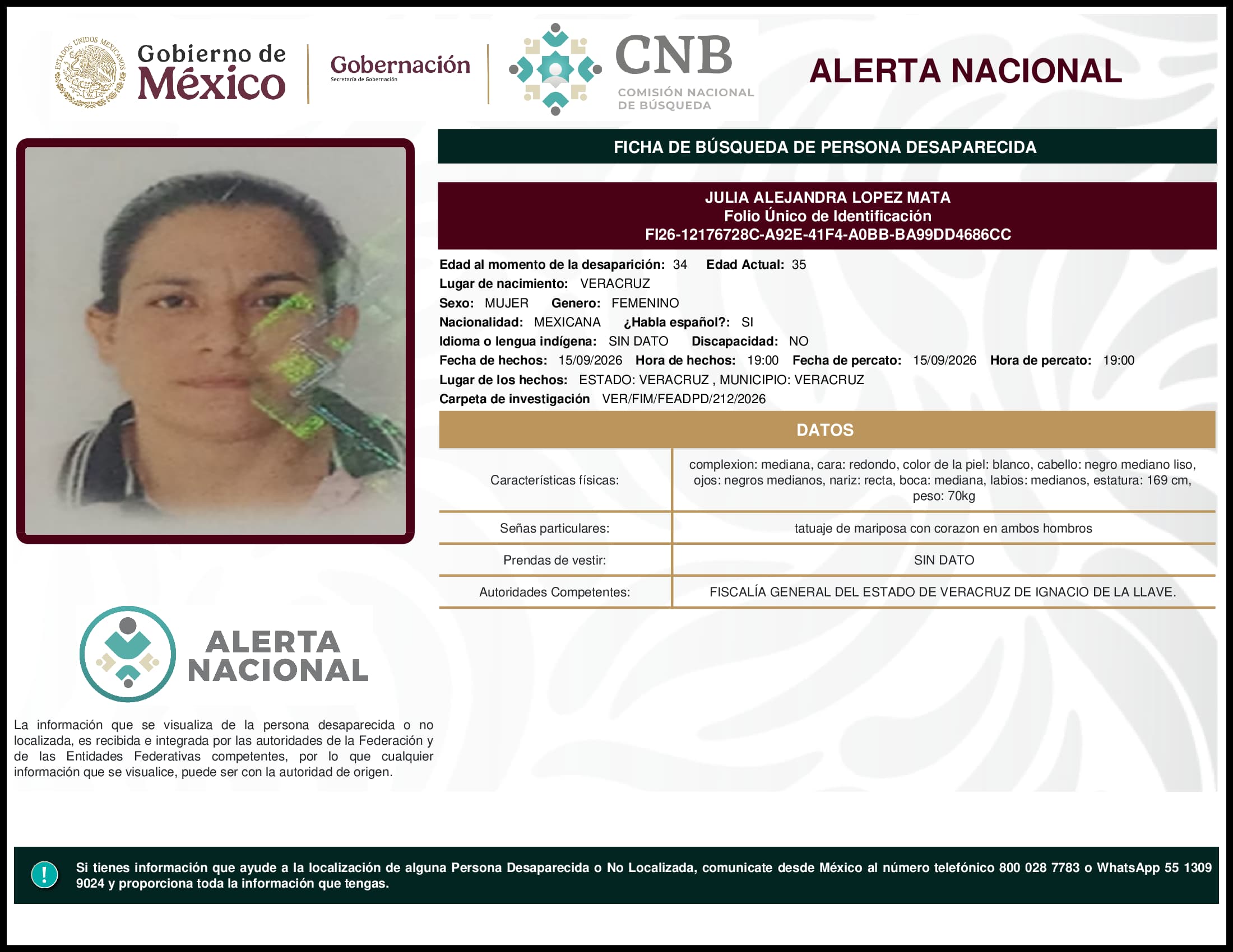 Persona desaparecida Julia Alejandra Lopez Mata