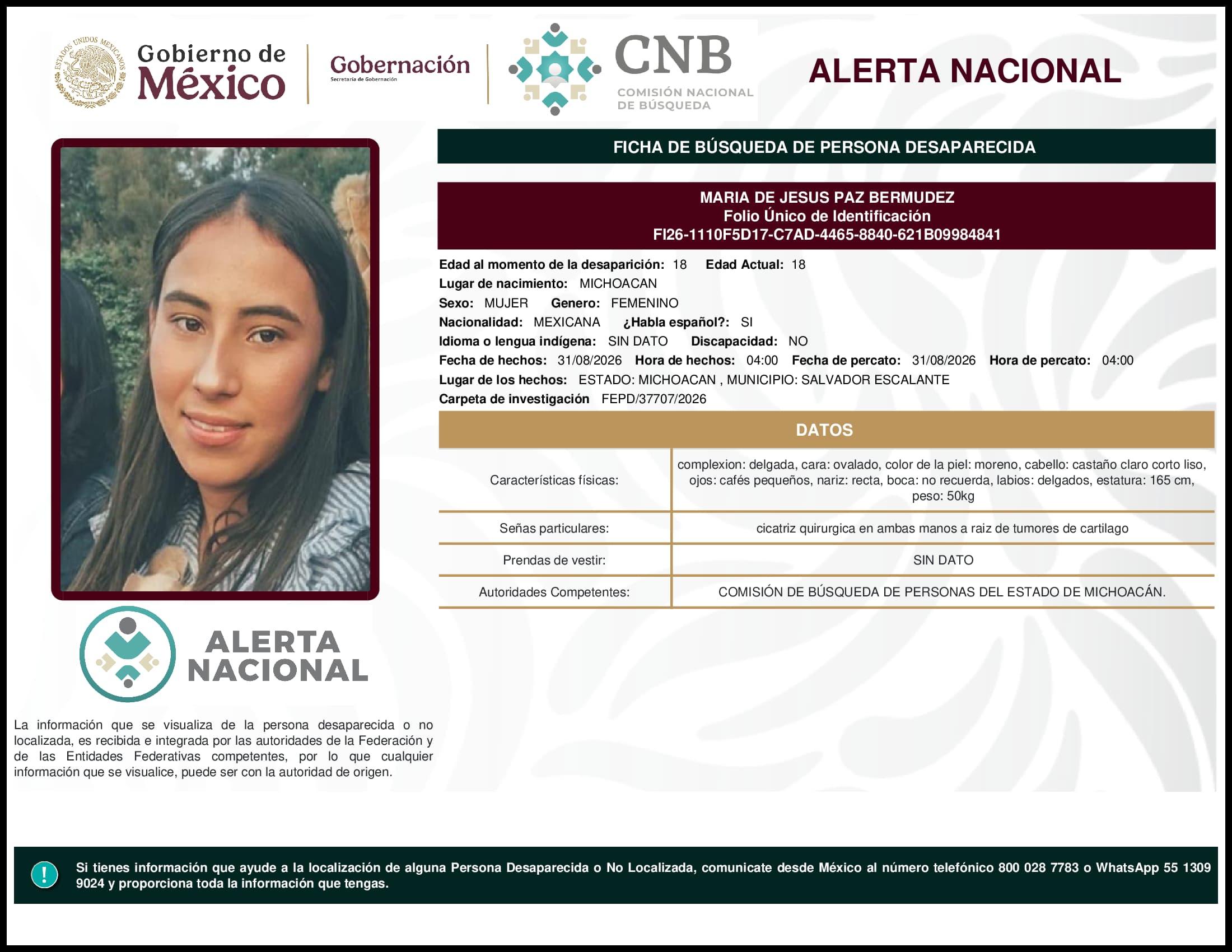 Persona desaparecida Maria De Jesus Paz Bermudez