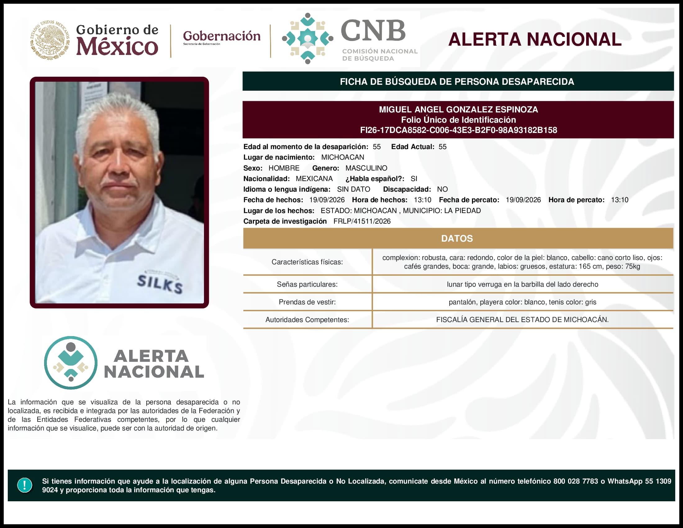 Persona desaparecida Miguel Angel Gonzalez Espinoza