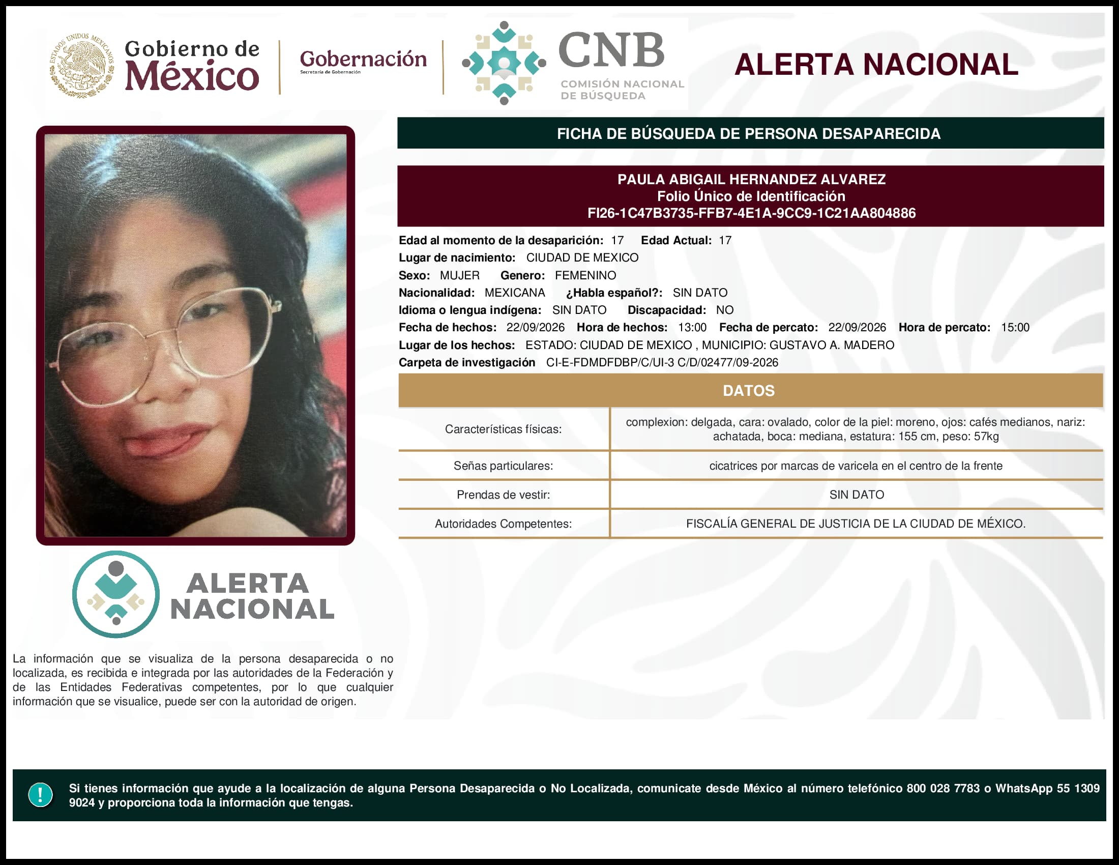 Persona desaparecida Paula Abigail Hernandez Alvarez