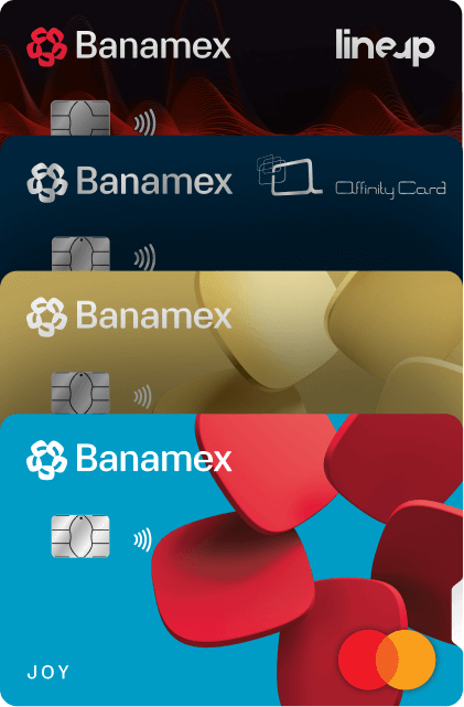 Abanico de tarjetas Affinity Card, Oro y Joy Banamex colocadas verticalmente.